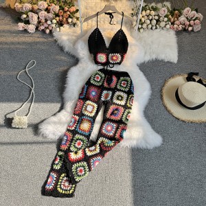 Knitted suit women's summer outfit 2023 new heavy industry hook and flower suspender top versatile wide leg pants retro two-piece set