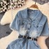 Retro Hong Kong style denim dress for women in the summer of 2024, with a high-end temperament and a slimming waist. Medium length skirt