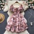 Summer new light luxury palace oil painting, French printing, high-end design, niche girl short waist dress