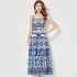 Summer Blue and White Porcelain Printed Set for Women, Three Dimensional with Chest Cushion, Short Style strapless Strap, and Two Piece pleated Skirt Set