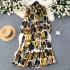 French retro light mature style bow tie lantern long sleeved print cinched waist slimming temperament chiffon dress trendy