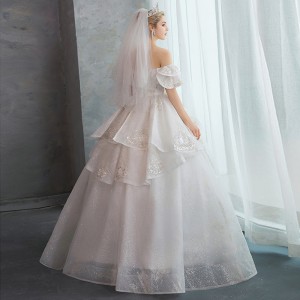 One shoulder main wedding dress, bride 2024 new style, petite woman, French heavy industry, palace style, arm covering, plus size