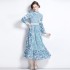 Real time shooting of autumn clothing, new high-end lace printed hollow out long dress with large swing in stock