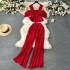 Holiday set for women 2023 new sweet ruffled edge off shoulder suspender chiffon shirt with drooping pleated wide leg pants