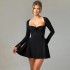 2024 new autumn cross-border European and American women's sexy solid color long sleeved strapless slim fit A-line short dress