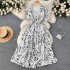 Summer vacation style retro niche design printed dress with women's waist cinched and wide swing A-line fairy long skirt