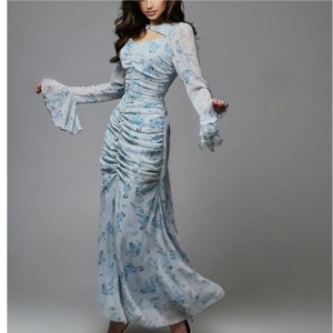 2024 new French pleated fashionable high-end printed chiffon women's long dress in spot for European and American foreign trade