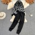 Leisure suit women's leopard print zipper V-neck knitted hooded jacket three piece set high waisted leg tied pants vest