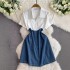 Summer new 2024 Hepburn style contrasting denim patchwork dress with feminine temperament, high waist and age reducing A-line short skirt