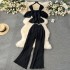 Holiday set for women 2023 new sweet ruffled edge off shoulder suspender chiffon shirt with drooping pleated wide leg pants