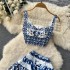 Summer Blue and White Porcelain Printed Set for Women, Three Dimensional with Chest Cushion, Short Style strapless Strap, and Two Piece pleated Skirt Set