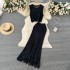 Gentle style hollow out set women's summer round neck sleeveless top+mid length tassel wrapped hip skirt two-piece set