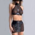 Lingerie Russia Cross border Lacquer Leather Mesh Splicing Metal High Collar Hanging Neck Sexy Underwear 3-Piece Set