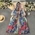 European and American retro palace style design with printed long, heavy-duty pleated bubble sleeve dress for spring and women's pleated skirt