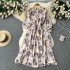 French retro high-end floral dress, women's summer new collection, waist cinched lace up five quarter sleeve chiffon skirt, V-neck dress