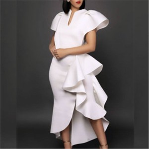 Large size ruffled short sleeved high waist slimming irregular hem women's dress white formal dress