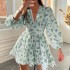 2024 Independent Station European and American Autumn Women's New Style Sweet Printed V-neck Lace Waist Short Dress