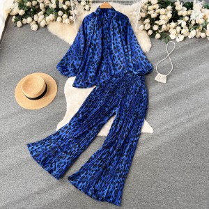 Spring and Autumn European and American style printed set, women's lantern sleeve half high collar loose shirt+wide leg pleated pants two-piece set