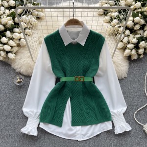 Korean style fashionable set for women's casual loose long sleeved shirt+waist cinched V-neck knitted vest two-piece set