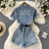 Workwear one-piece denim suit, women's short summer outfit, 2022 new style, fashionable high waisted wide leg shorts