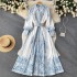 Spring clothing new palace style long sleeved floral polo dress French waist cinching strap temperament waist cinching slimming long skirt