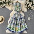 Spring and summer new palace style sleeveless lapel, waist cinching, slimming and stylish European and American printed mid length dress, trendy