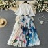 Light luxury retro temperament round neck short sleeved printed pleated dress for women with lace up and waist cinching temperament, grand and elegant long skirt