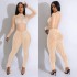 C6203 Cross border AliExpress Amazon European and American Fashion Women's Solid Color Mesh Hot Diamond Long Sleeve Pants jumpsuit