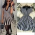 Foreign trade French contrasting retro lapel short sleeved striped knitted dress for women with a cinched waist, showing a slimming temperament, A-line short skirt