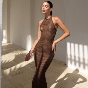 Cross border Europe and America 2024 summer new knitted hanging neck sleeveless long dress solid color tight and sexy backless dress for women