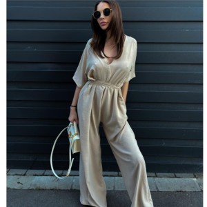 European and American spot women's clothing 2024 new fashionable solid color lace up waist deep V-neck casual one-piece wide leg pants