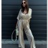 European and American spot women's clothing 2024 new fashionable solid color lace up waist deep V-neck casual one-piece wide leg pants