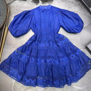 New summer light luxury classic lantern sleeve patchwork hollow lace large swing short dress A2 # 3355