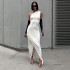 2024 Summer New European and American Cross border Women's Solid Color Long Dress Casual Slant Collar Sleeveless Slim One Shoulder Dress