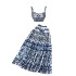 Summer Blue and White Porcelain Printed Set for Women, Three Dimensional with Chest Cushion, Short Style strapless Strap, and Two Piece pleated Skirt Set