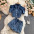 Hong Kong style fashion lapel heart machine hollow short sleeved denim top women's high waist strap hot pants short two-piece set