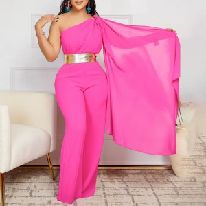 Long pants for foreign trade women's clothing, 2024 spring and summer new style, fashionable temperament, slanted collar splicing pleated OL high waisted African jumpsuit