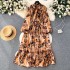 French retro light mature style bow tie lantern long sleeved print cinched waist slimming temperament chiffon dress trendy