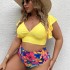 2022 New Cross border European and American Fat Granny Large Size Split Bikini with ruffle edge print high waisted swimsuit for women