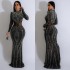 C6863 Cross border AliExpress Amazon European and American Fashion Women's Solid Color Mesh Hot Diamond Long Dress