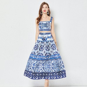 European and American style blue and white porcelain print set for women's summer pure desire to expose waist camisole vest+high waist mid length skirt