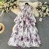 2024 early spring new French style bow collar, waist cinching and slimming mid length retro printed dress with temperament