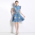 Real time spot new summer high-end mushroom collar with lotus leaf sleeves, waist cinching printed short dress