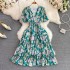 2023 summer new retro V-neck romantic floral A-line dress with elegant temperament, waist cinching and slimming, big swing long skirt