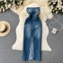 One shoulder strapless denim dress for women with spring and summer temperament, with a cinched waist, sexy slit, retro style, hip hugging skirt, trendy