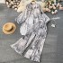 European and American fashion personalized printed suit women's lazy irregular lantern sleeve shirt+pleated wide leg pants two-piece set