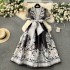 Retro court style dress with female design, printed straps, waist cinching, long French style bubble sleeves, elegant dress for women