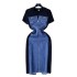 2023 Internet celebrity new niche round neck short sleeved patchwork denim dress for women with a high-end feel, waist cinching fake two-piece long dress