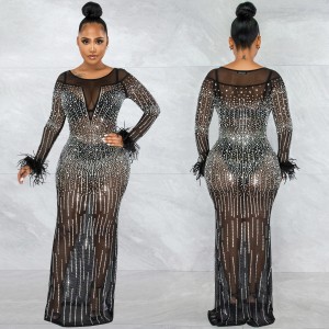 X5605 AliExpress Wish Fashion Nightclub Party Hot Diamond Women's Mesh Transparent Long Sleeve Long Dress Women's Dress