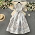 Retro court style dress with female design, printed straps, waist cinching, long French style bubble sleeves, elegant dress for women